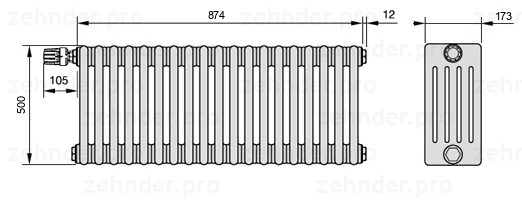 Схема (чертеж) Радиатор Zehnder Charleston 5050/19 №V011 Белый глянцевый RAL 9016